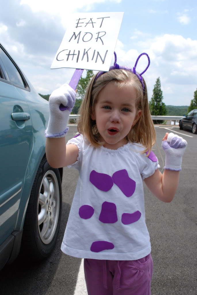 Lydia dressed as a Purple Cow for Chick-fil-as Cow Appreciation Day!